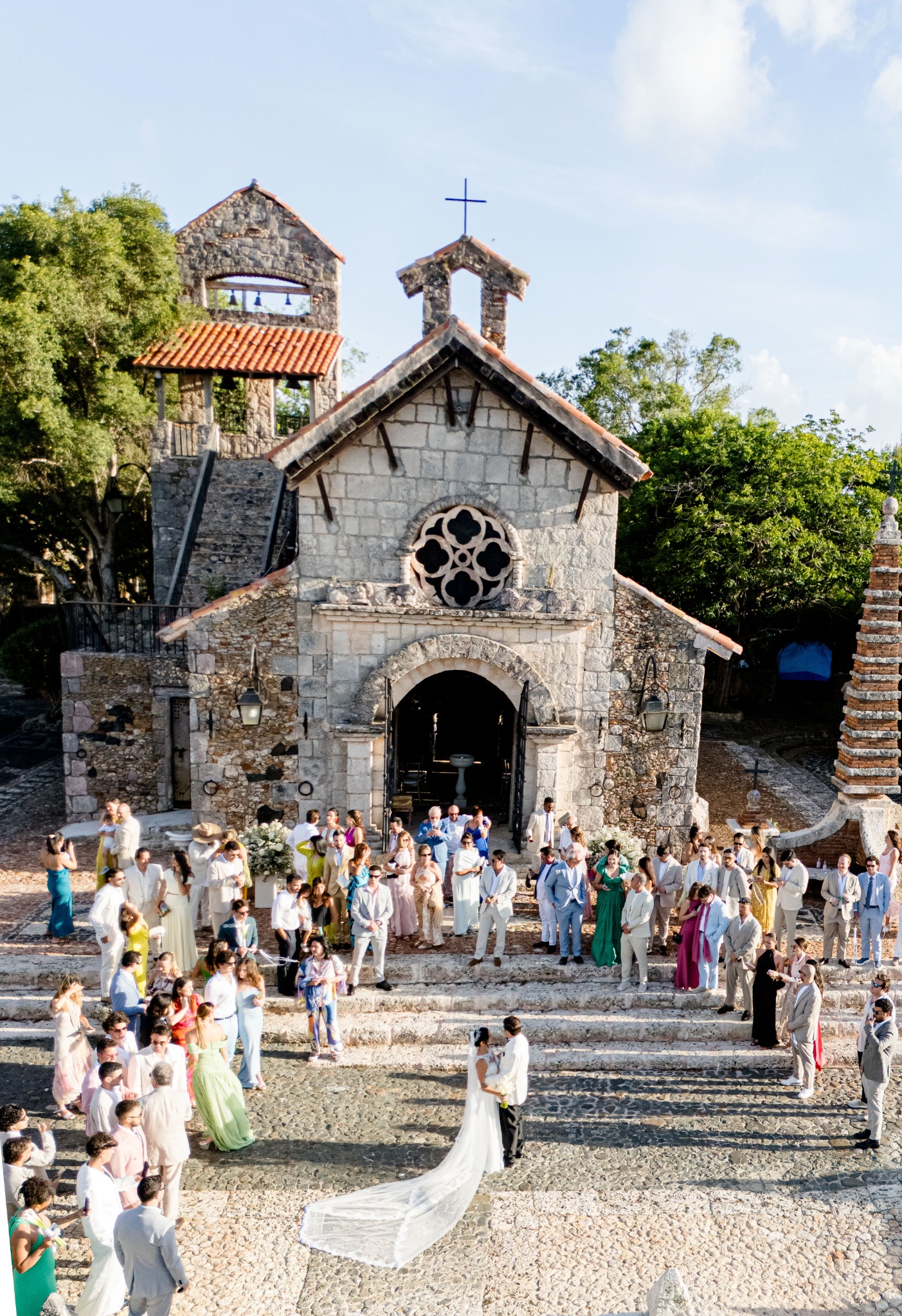 Aerial wedding portrait outside the church at Altos de Chavón